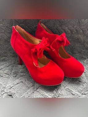 Red velvet Bow- Women's High Heel Pumps-retro Mary Jane costume/pinups (9)